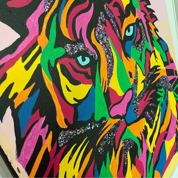 🎉🌈 ORIGINAL ACRYLIC PAINTING 24”x30”Rainbow Glitter Tiger w Sunset Background - Picture 2 of 6
